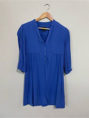 Maeve Anthropologie Tunic Dress Royal Blue button front 3/4 sleeve 4 office